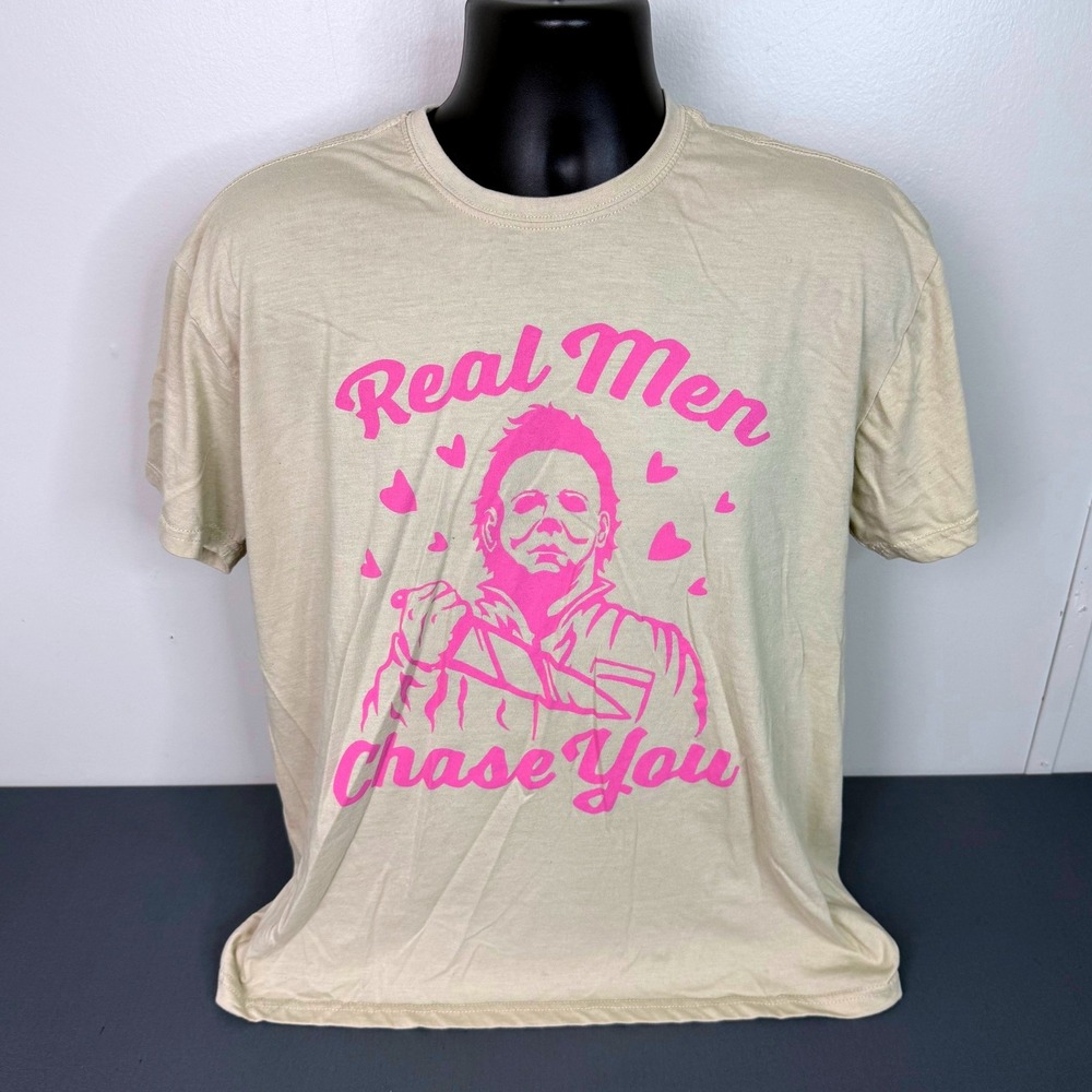 Halloween T-Shirt Mens Large Michael Myers Real Men Chase You Tan Graphic Tee